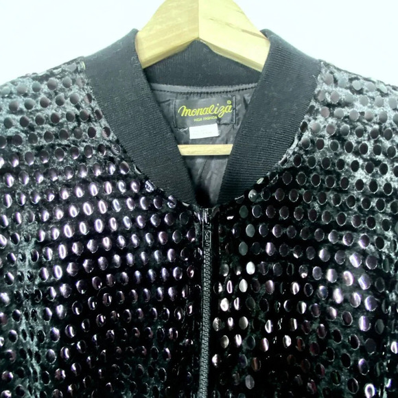 Vintage Monaliza Black Velvet Sequins Embellished Bomber Jacket XL Disco Rock - Picture 3 of 9